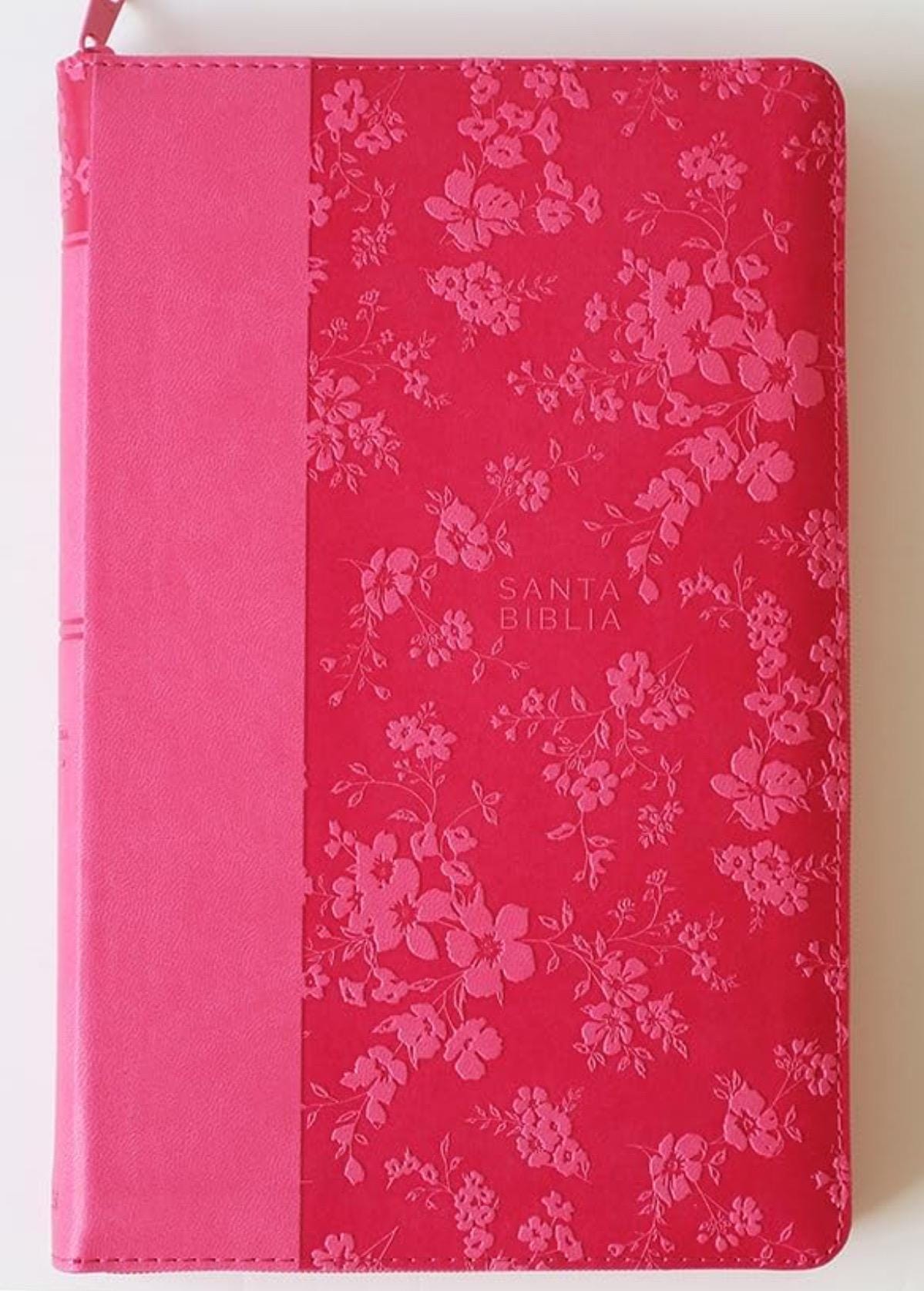 Personalized Biblia Reina Valera 1960 letra grande. Símil piel fucsia, cremallera, índice, manual / Spanish Bible RVR 1960. Handy Size, Larg