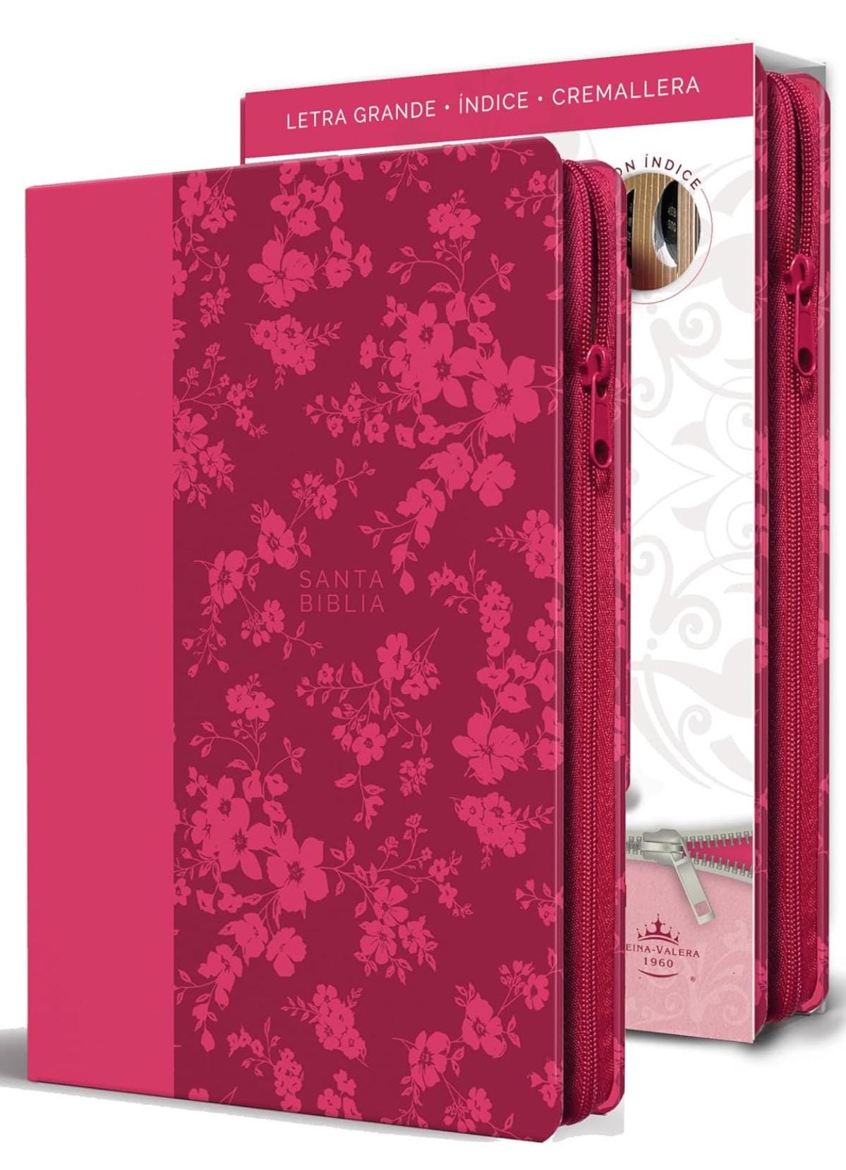 Personalized Biblia Reina Valera 1960 letra grande. Símil piel fucsia, cremallera, índice, manual / Spanish Bible RVR 1960. Handy Size, Larg