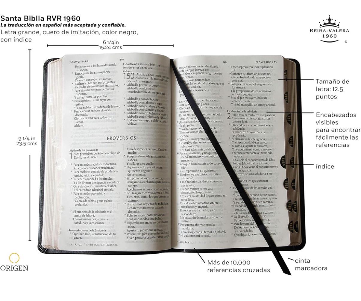 Personalized Biblia Reina Valera 1960 letra grande. Símil piel negro, índice, tamaño manual / Spanish Bible RVR 1960. Handy Size, Thumb Inde