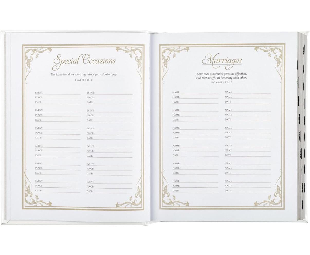 Personalize the family name and a verse. NLT Family Heritage Bible, Large Print Family Heirloom Devotional Bible for Study