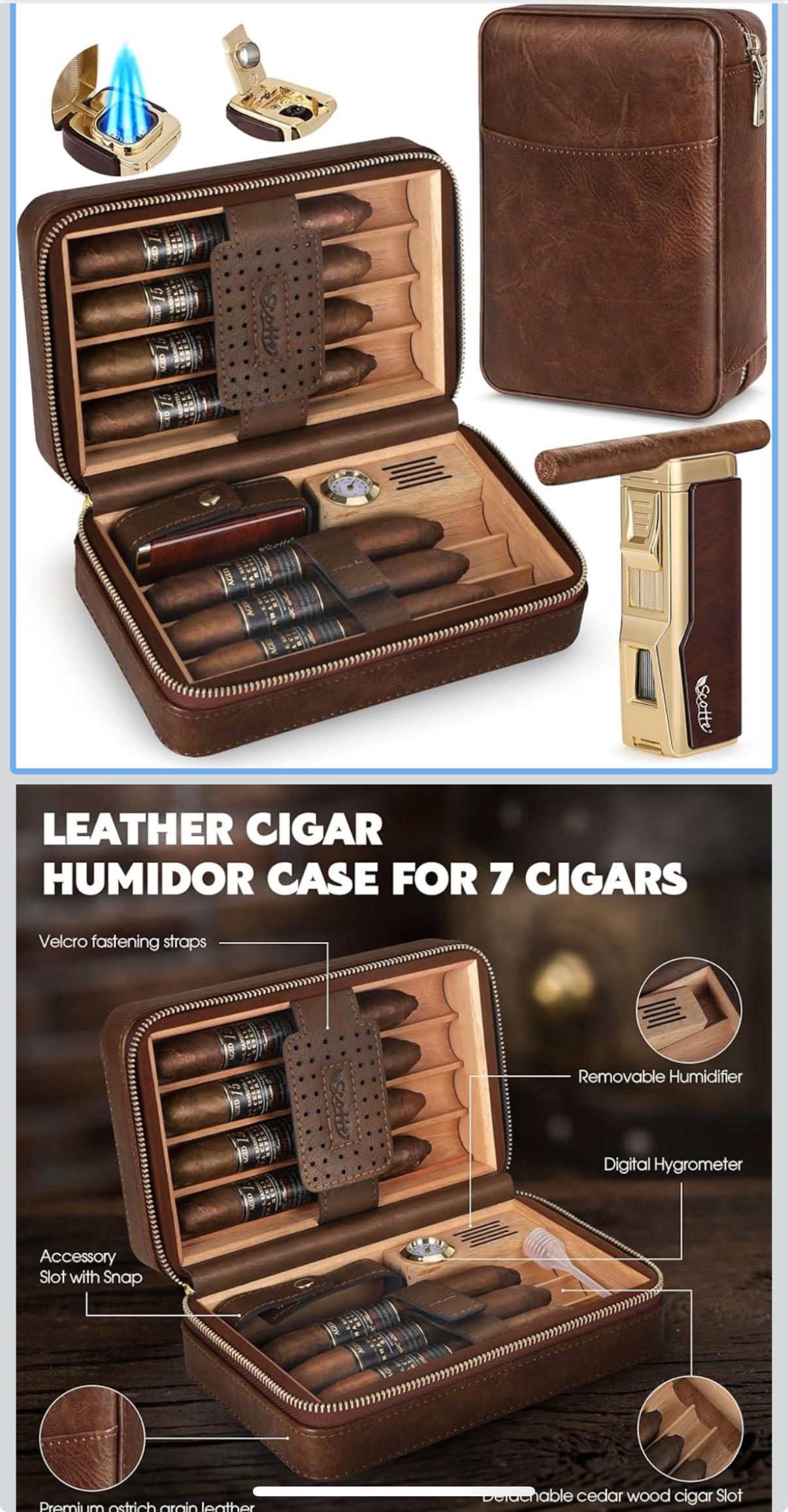 Personalized Scotte Cigar Humidor Box, Cigar Lighter Cedar Wood Lined Leather Cigar Case Built in Hygrometer & Humidifier, Torch Lighter