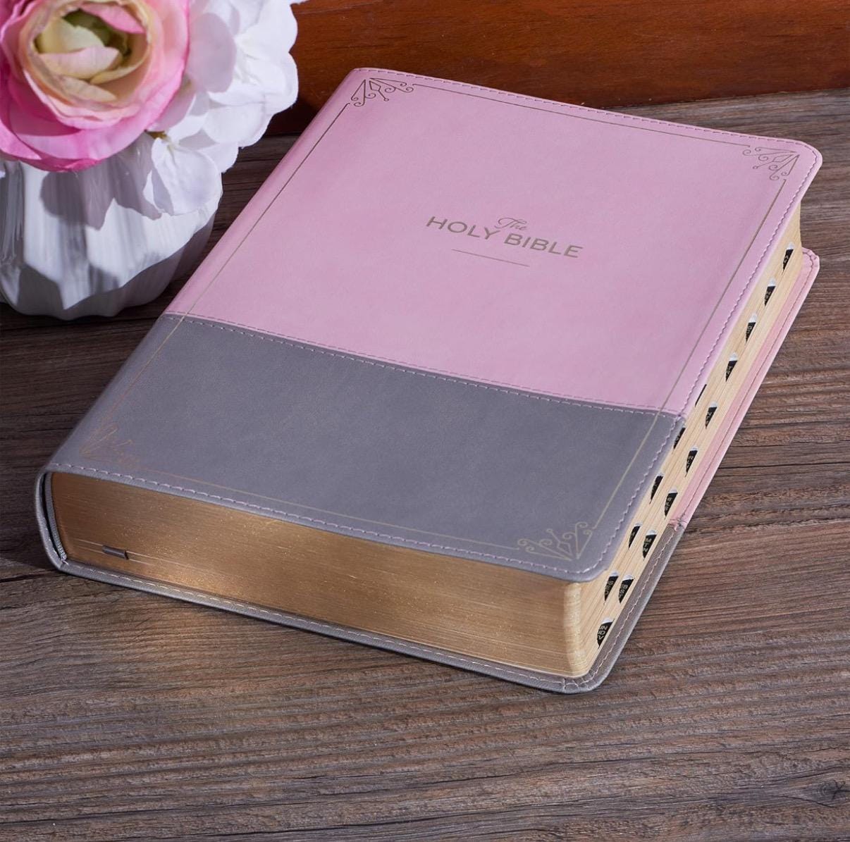 Personalized KJV Holy Bible, Super Giant Print Faux Leather Red Letter Edition - Ribbon Marker, King James Ver, Pink/Gray (KJV Super Giant