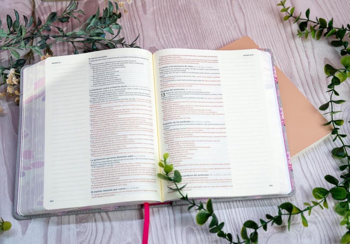 Personalized Biblia Reina Valera 1960 de apuntes gris y floreado , tela impresa | RVR 1960 NoteTaking Bible, Grey and Pink, Cloth