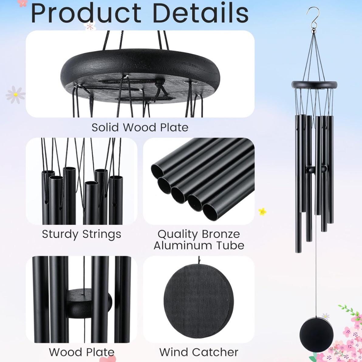 Personalized 6 Pcs Rustic Wind Chimes for Outside 28 Inch Deep Tone Wind Chimes with 6 Aluminum Tubes Memorial Coolest Windchimes Outdoors