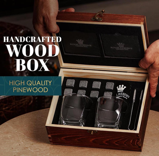 Personalized Whiskey Stones Gift Set by Royal Reserve, Artisan Crafted Scotch Bourbon Glasses, Chilling Rocks, Coasters and Tongs