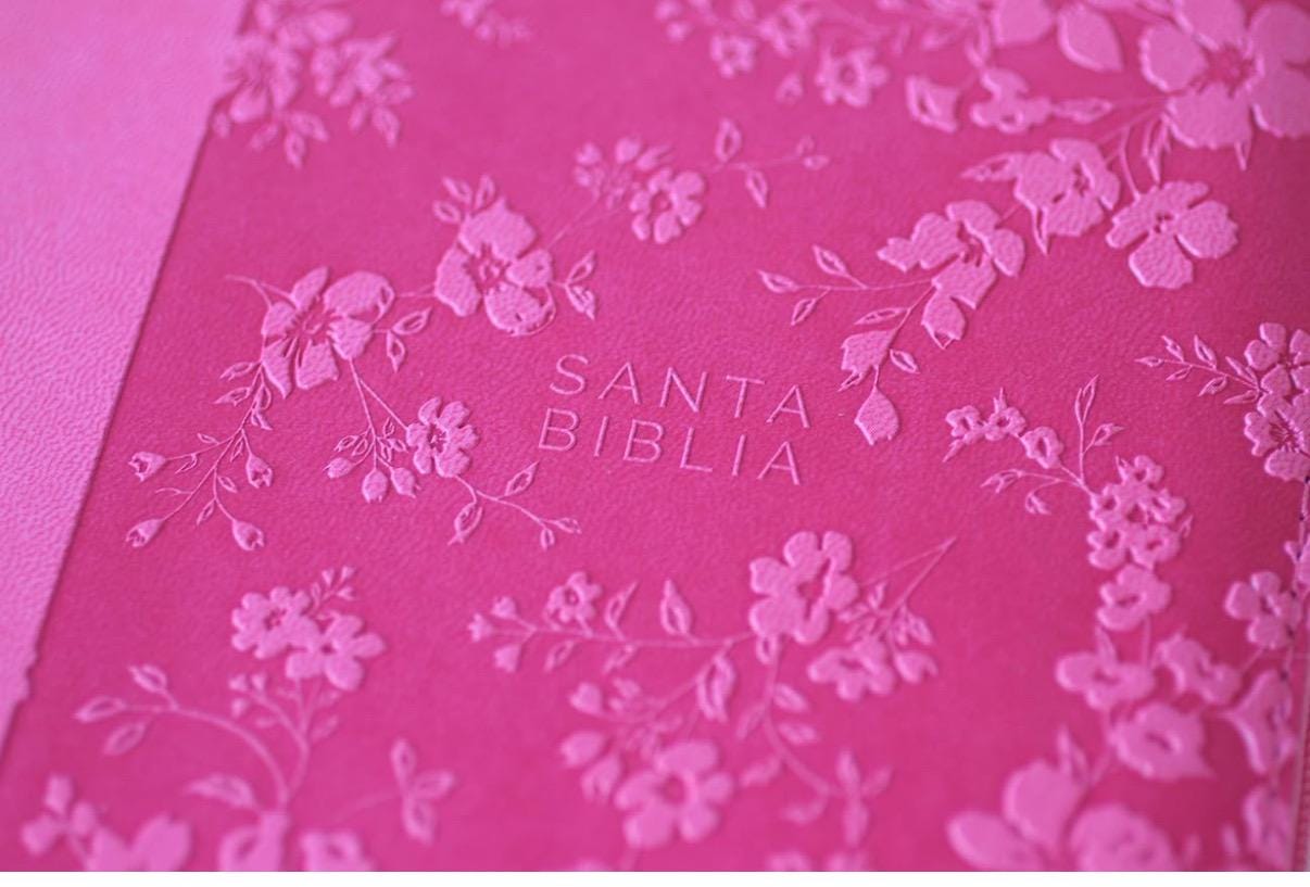 Personalized Biblia Reina Valera 1960 letra grande. Símil piel fucsia, cremallera, índice, manual / Spanish Bible RVR 1960. Handy Size, Larg