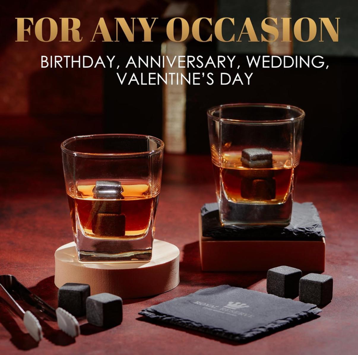 Personalized Whiskey Stones Gift Set by Royal Reserve, Artisan Crafted Scotch Bourbon Glasses, Chilling Rocks, Coasters and Tongs