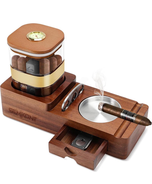 Personalized Cigar Humidor and Ashtray Set,Wooden Tray with Acrylic Humidor Jar,Cutter Holder,Drawer,Slot and Cigar Cutter