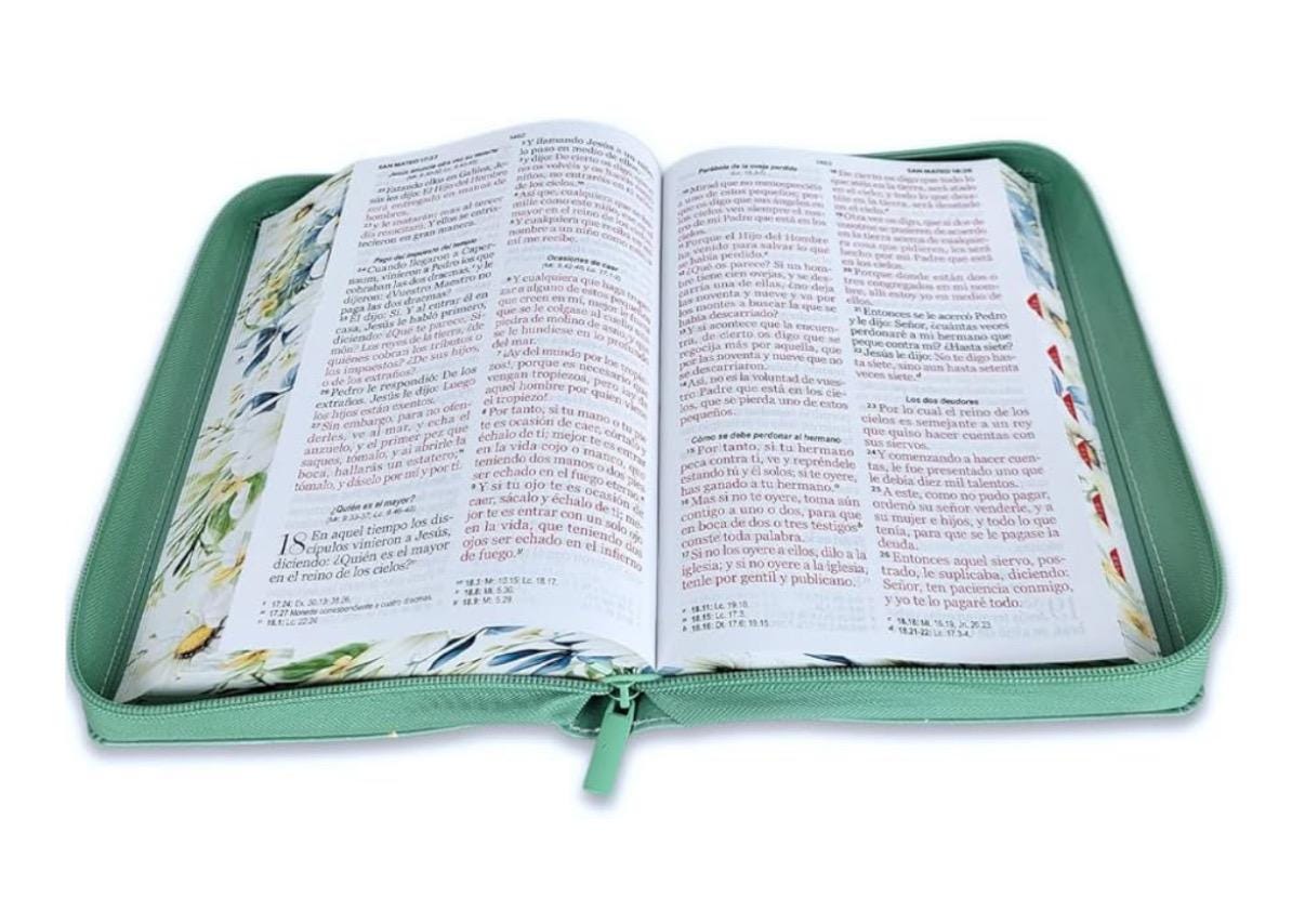 Personalized Biblia para Mujeres Letra Gigante Manual 14 puntos con Cierre y canto floral RV1960 verde y girasoles con indice