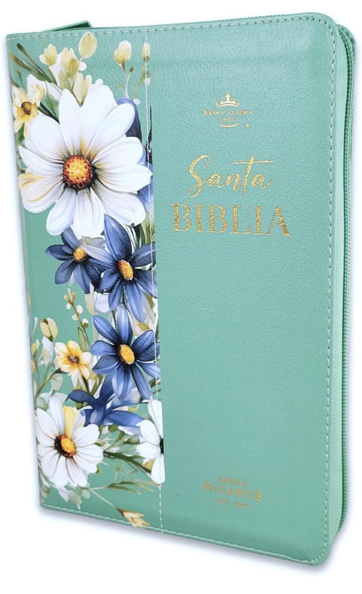 Personalized Biblia para Mujeres Letra Gigante Manual 14 puntos con Cierre y canto floral RV1960 verde y girasoles con indice