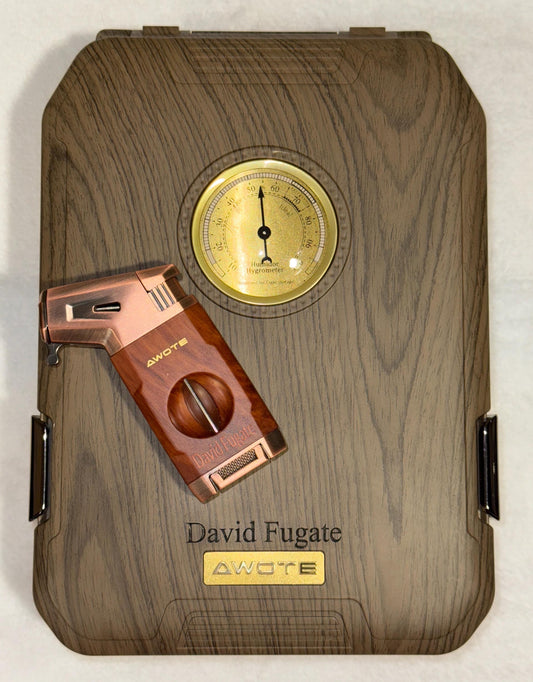 Personalized Travel Cigar Humidor Case - Cedar Lined, V Cut Cutter, Portable Humidor with Humidifier & Hygrometer, Holds 7-9 Cigars
