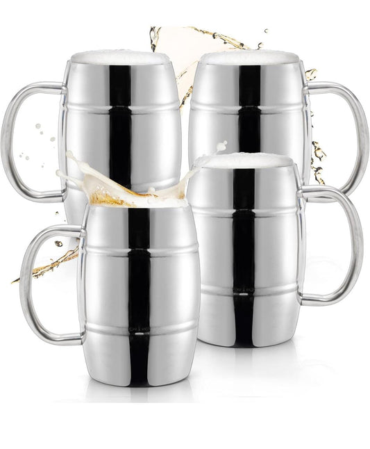 Personalized 4 Pack Stainless Steel Barrel Mugs, 15 OZ Double Walled Beer Stein with Strong Handle, Heat Insulated and cold insulated