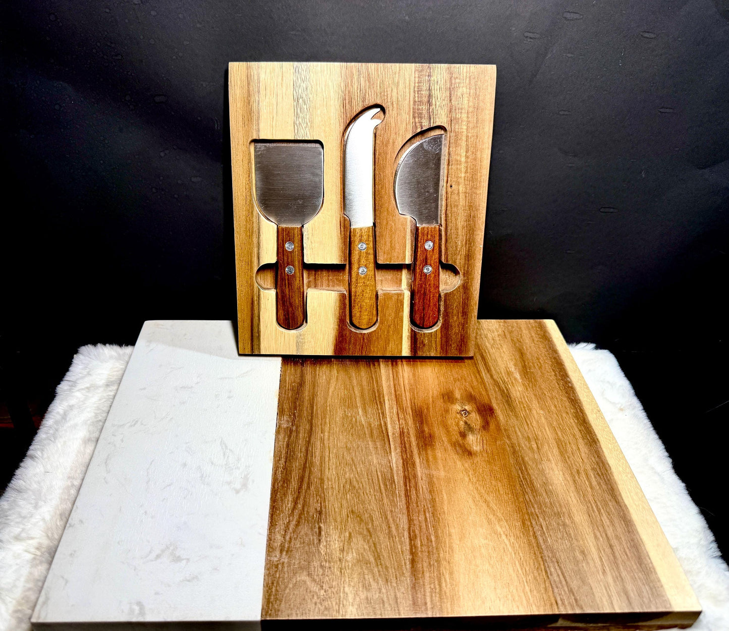 Personalized Marble and Wood Charcuterie Board with Silver Cheese Knives – Elegant Cheese Board Gift Set