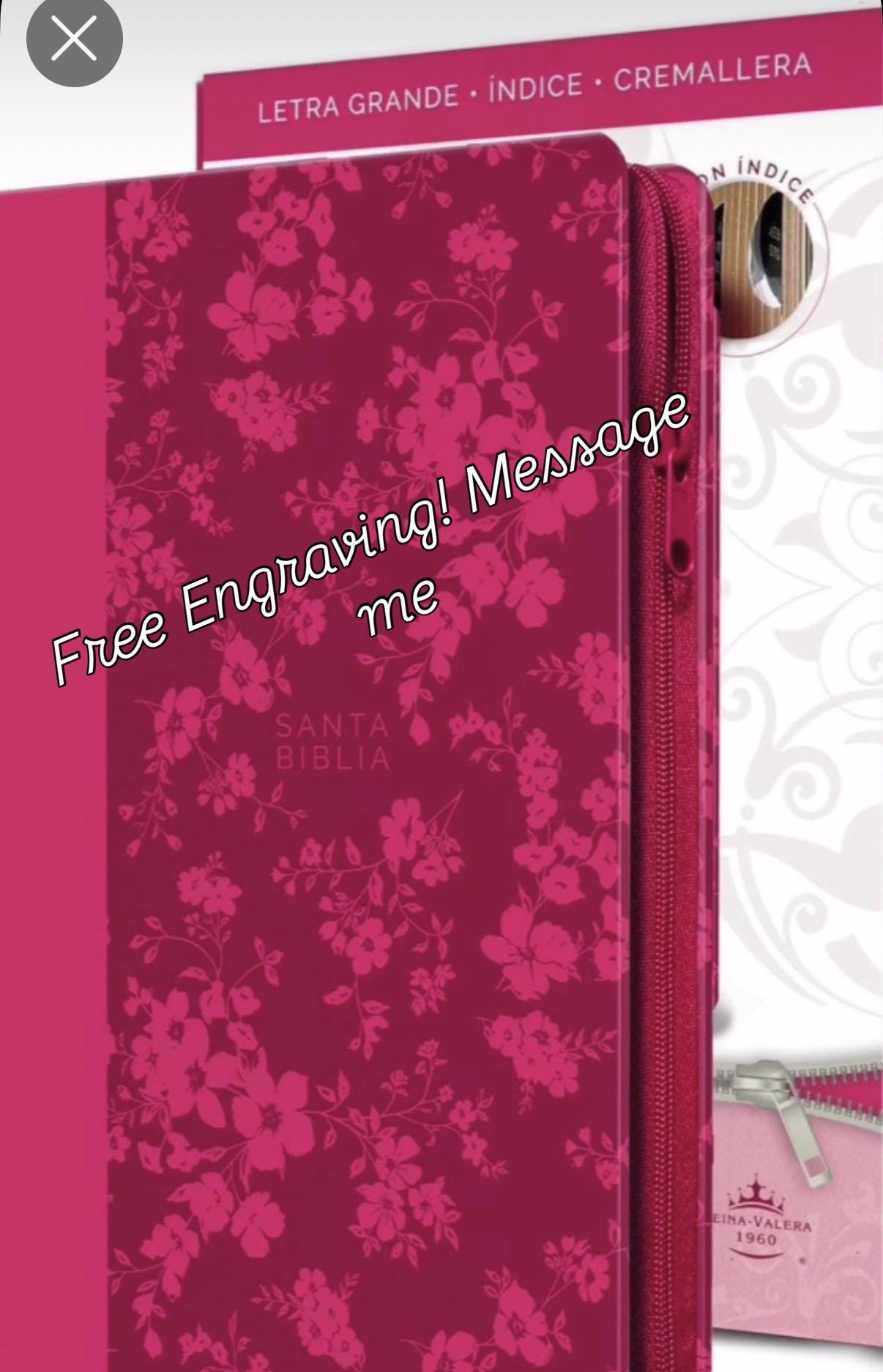 Personalized Biblia Reina Valera 1960 letra grande. Símil piel fucsia, cremallera, índice, manual / Spanish Bible RVR 1960. Handy Size, Larg