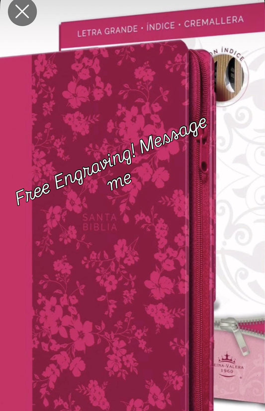 Personalized Biblia Reina Valera 1960 letra grande. Símil piel fucsia, cremallera, índice, manual / Spanish Bible RVR 1960. Handy Size, Larg