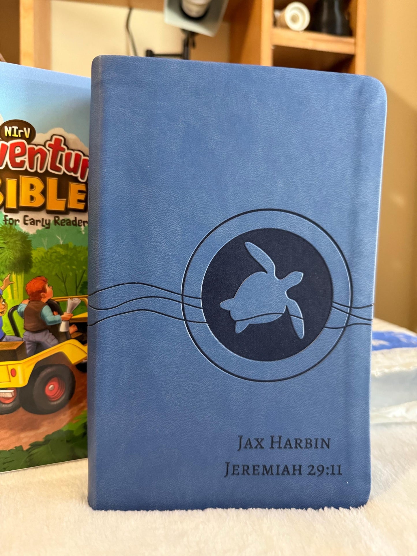Personalized  NIrV, Adventure Bible for Early Readers, Leathersoft, Blue. Custom Name Imprint