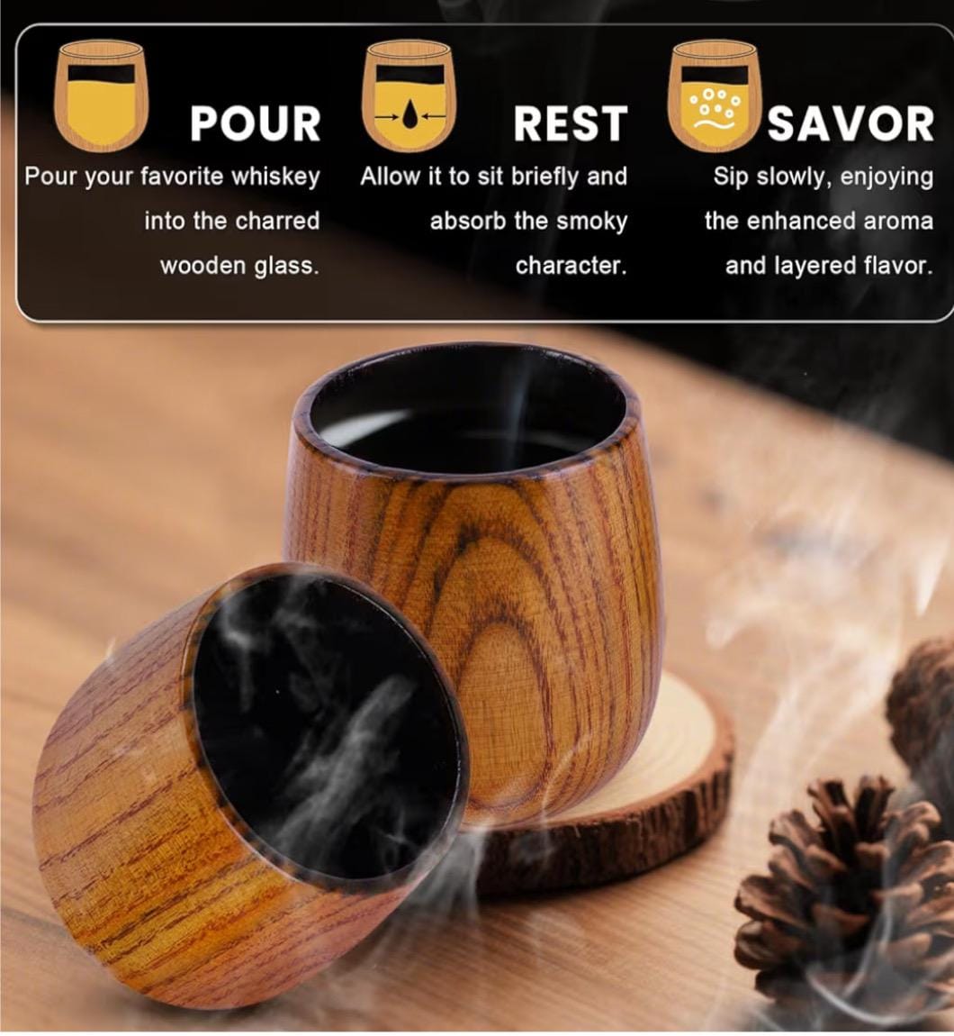 Charred Wooden Bourbon Drinking Glasses Set of 2 – Wooden Whiskey Tumblers & Old Fashioned Glasses | Whisky Glass Sets