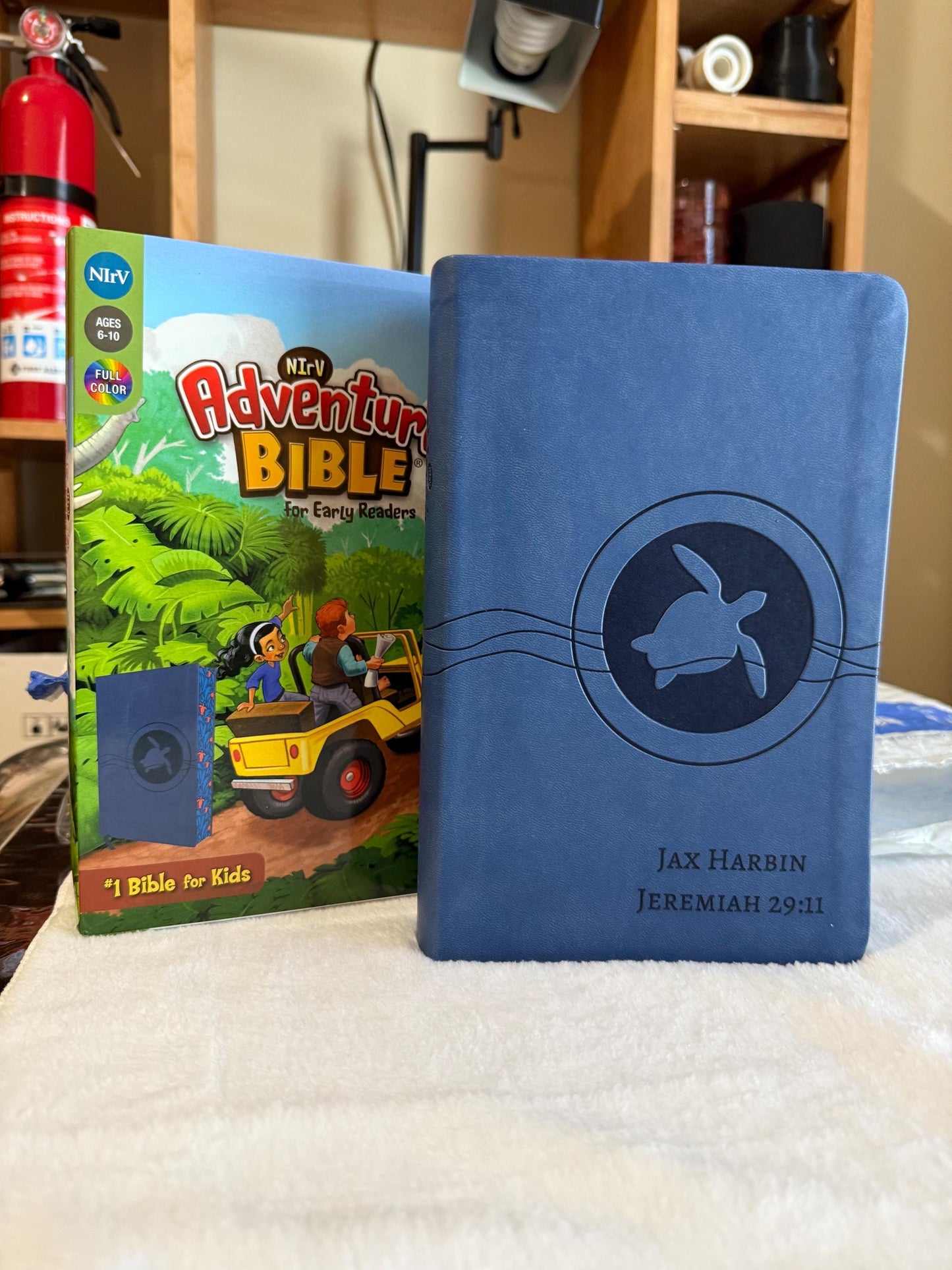 Personalized  NIrV, Adventure Bible for Early Readers, Leathersoft, Blue. Custom Name Imprint