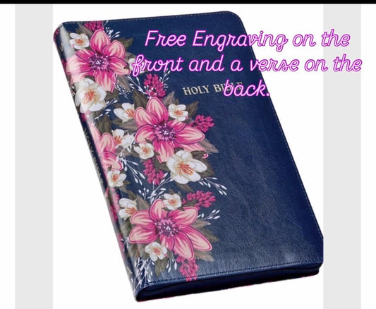 KJV Holy Bible Standard Size Faux Leather Red Letter Edition Thumb Index & Ribbon Marker, King James Version, Blue Floral, Zipper Closure