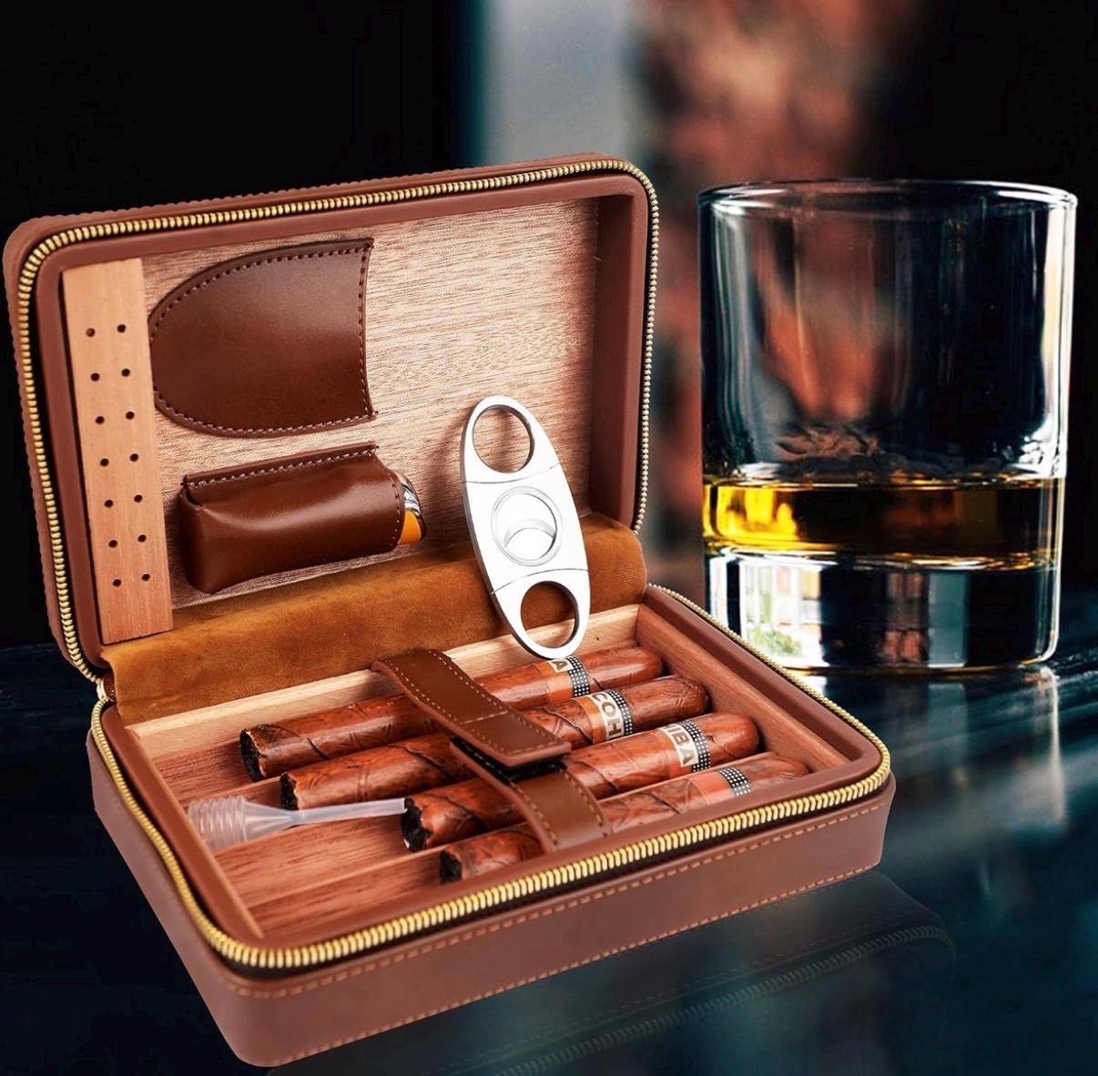 Personalized 4-Finger Portable Brown Weave Texture Travel Leather Cigar Case, Cigar Cutter, Cigar Humidor with and Humidifier