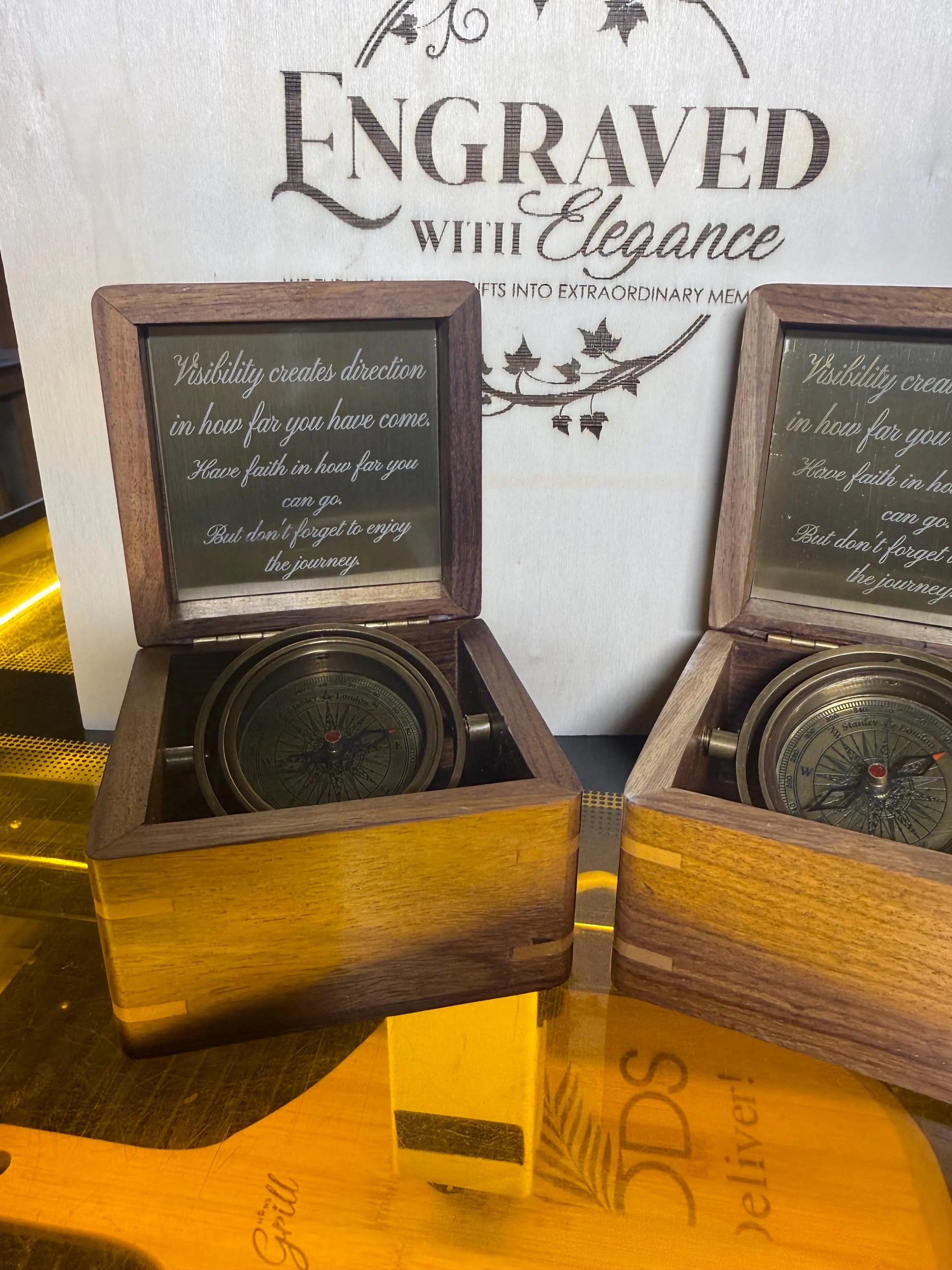 Personalized Compass | Antique Brass, Wood Box, Stanley London