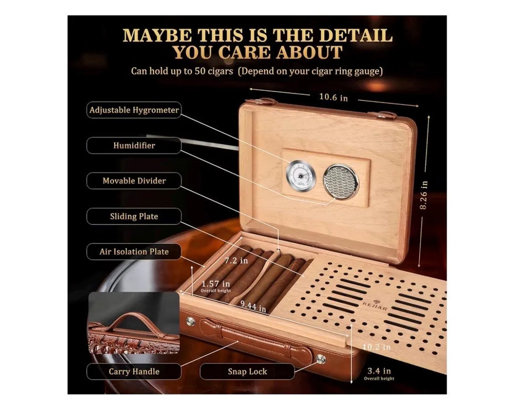 Humidor grande personalizado para puros, caja de puros de madera de cedro con higrómetro, humidificador, divisor, de viaje con capacidad para 50 puros