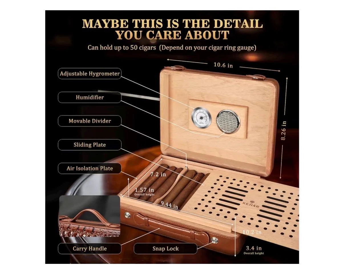 Humidor grande personalizado para puros, caja de puros de madera de cedro con higrómetro, humidificador, divisor, de viaje con capacidad para 50 puros